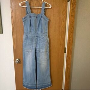 Women's Denim Jumpsuit Blue Zip Back Wide Leg Overalls Distressed Hem Size 28